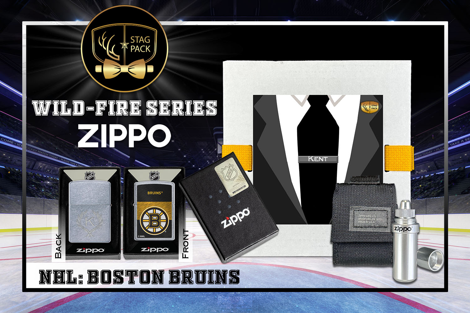 Custom Engraved Groomsmen Gift with NHL Windproof Zippo Lighter, a Fluid Canister and Pouch Gift-Pack in a Personalized Gift Box.