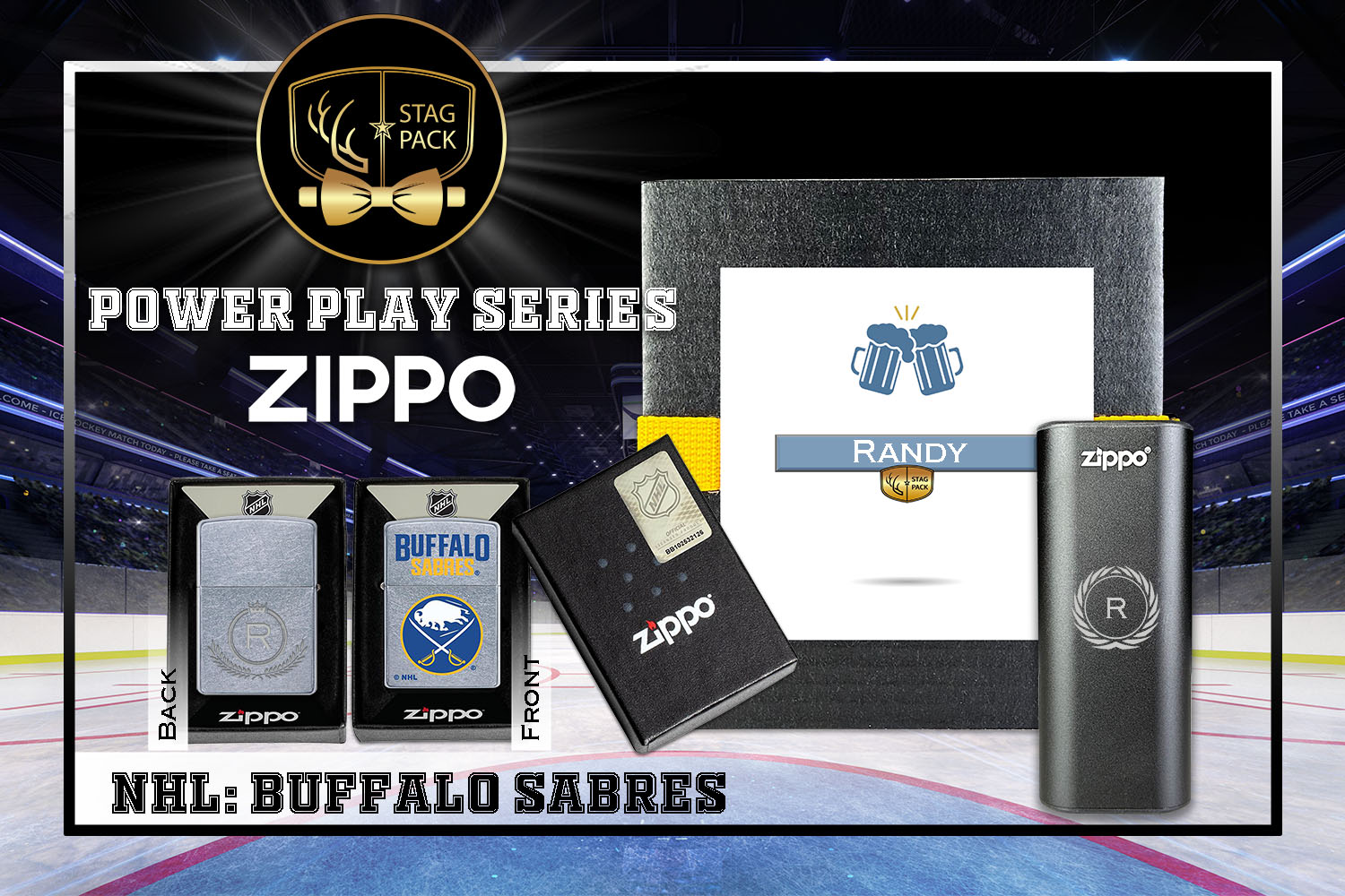 Custom Engraved Groomsmen Gift with NHL Zippo Windproof Lighter & Heatbank in a Personalized Gift Box.