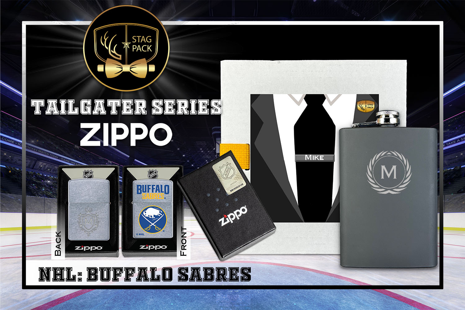 Custom Engraved Groomsmen Gift with Flask & Zippo Windproof Lighter in a Personalized Gift Box.