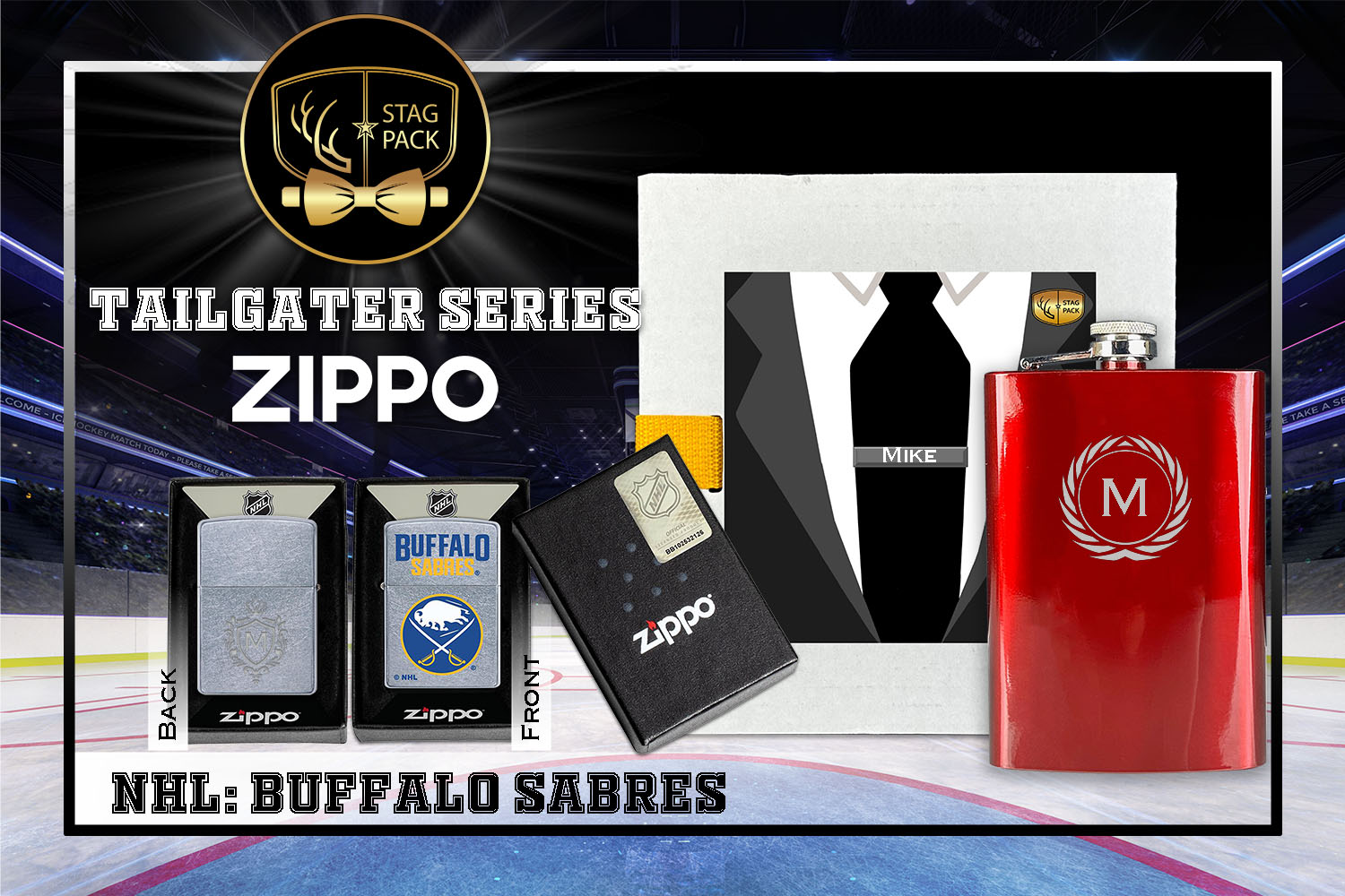Custom Engraved Groomsmen Gift with Flask & Zippo Windproof Lighter in a Personalized Gift Box.