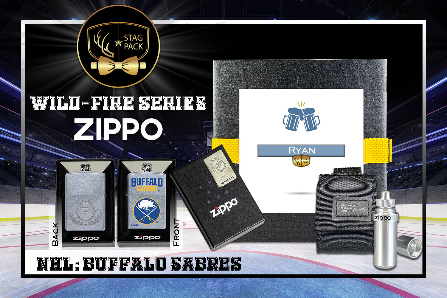 Custom Engraved Groomsmen Gift with NHL Windproof Zippo Lighter, a Fluid Canister and Pouch Gift-Pack in a Personalized Gift Box.