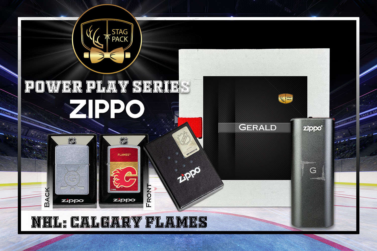 Custom Engraved Groomsmen Gift with NHL Zippo Windproof Lighter & Heatbank in a Personalized Gift Box.