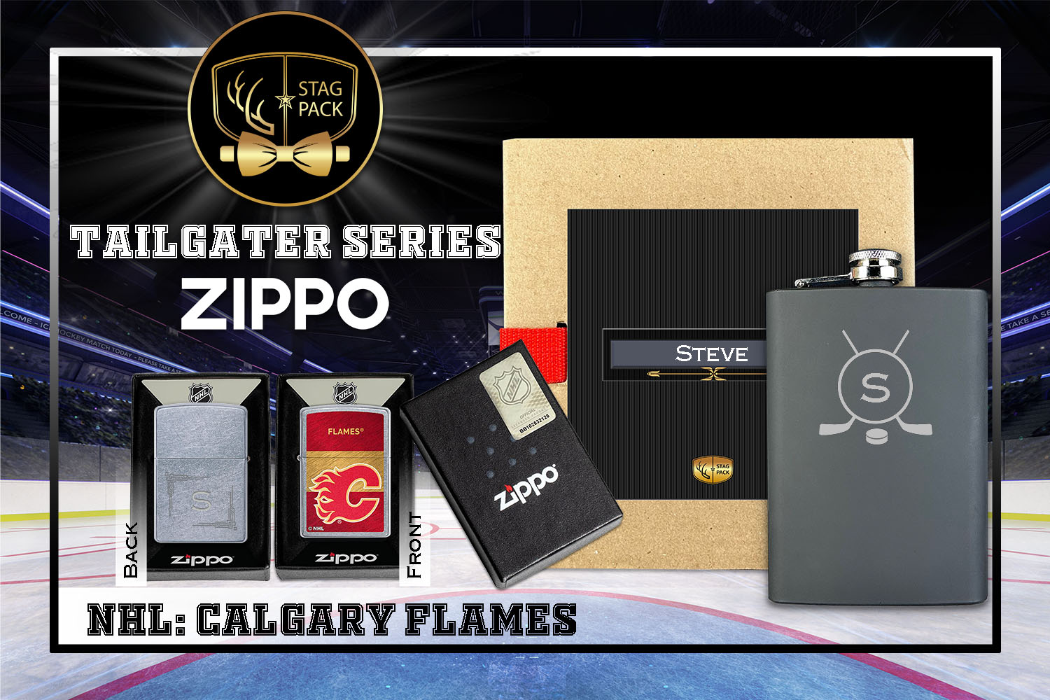 Custom Engraved Groomsmen Gift with Flask & Zippo Windproof Lighter in a Personalized Gift Box.