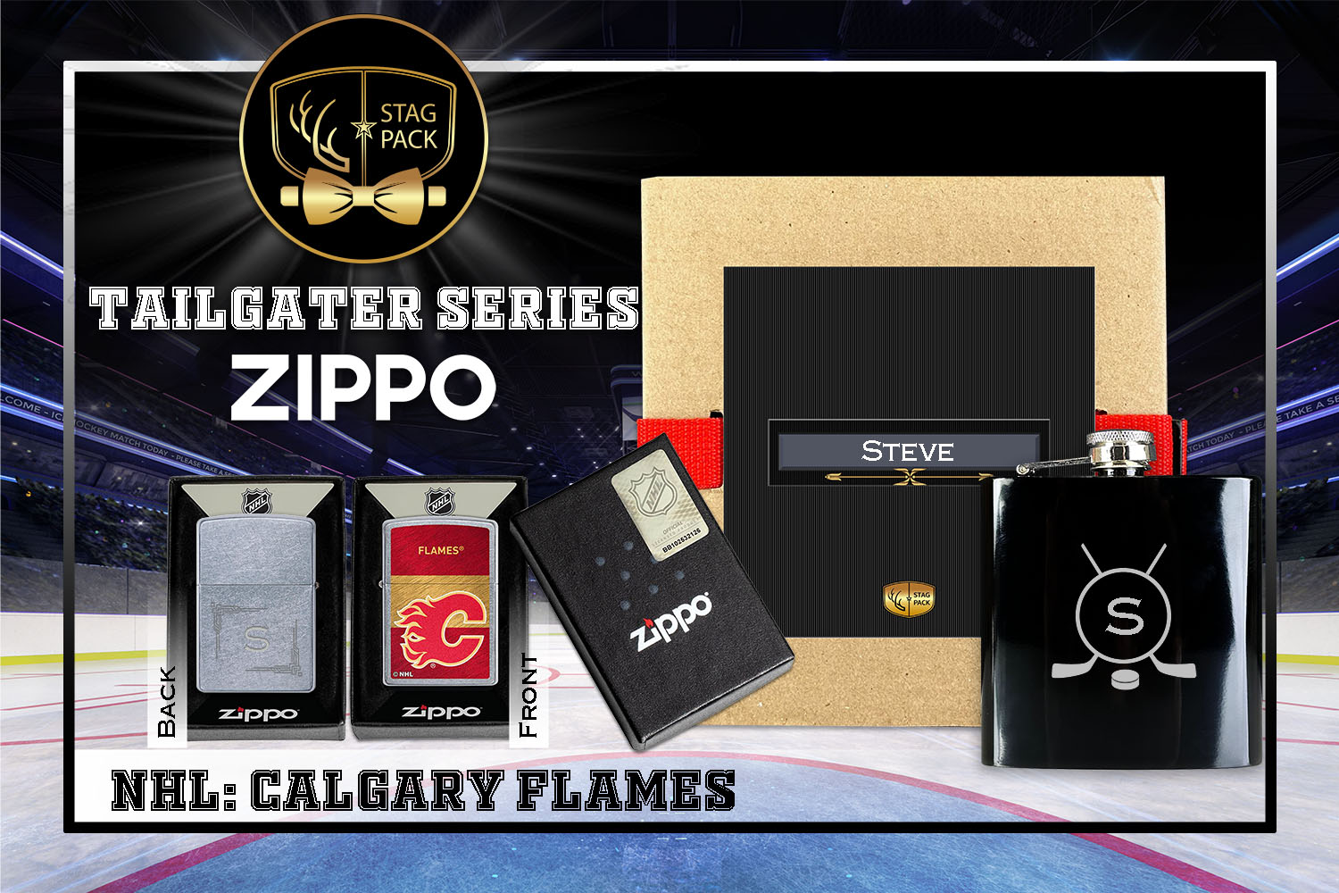 Custom Engraved Groomsmen Gift with Flask & Zippo Windproof Lighter in a Personalized Gift Box.