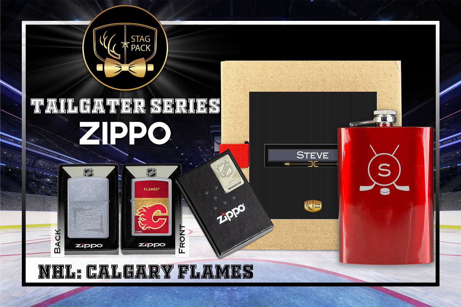 Custom Engraved Groomsmen Gift with Flask & Zippo packaged in a Personalized Gift Box with Message Card.