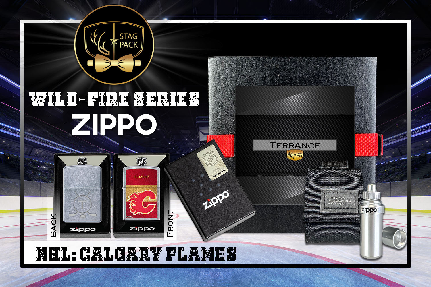 Custom Engraved Groomsmen Gift with NHL Windproof Zippo Lighter, a Fluid Canister and Pouch Gift-Pack in a Personalized Gift Box.