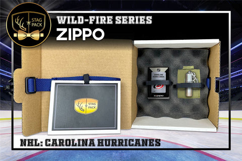 Custom Engraved Groomsmen Gift with NHL Windproof Zippo Lighter, a Fluid Canister and Pouch packaged in a Personalized Gift Box with a Message Card.