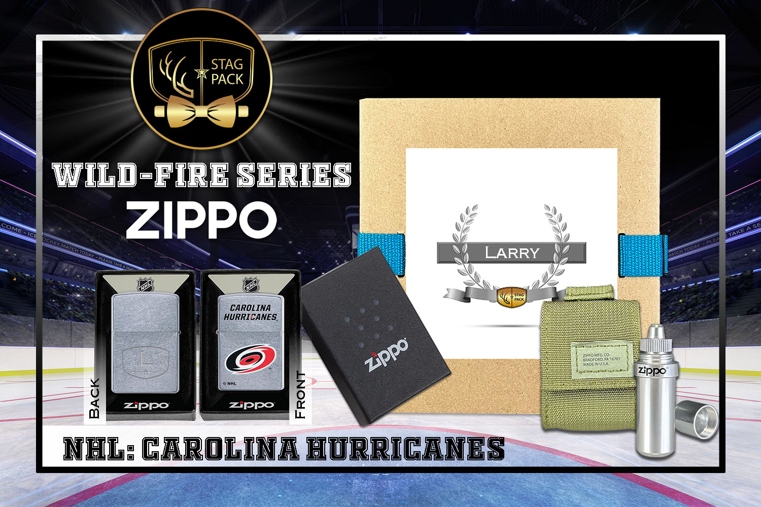 Custom Engraved Groomsmen Gift with NHL Windproof Zippo Lighter, a Fluid Canister and Pouch Gift-Pack in a Personalized Gift Box.