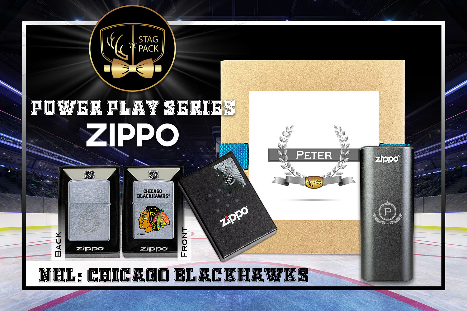 Custom Engraved Groomsmen Gift with NHL Zippo Windproof Lighter & Heatbank in a Personalized Gift Box.