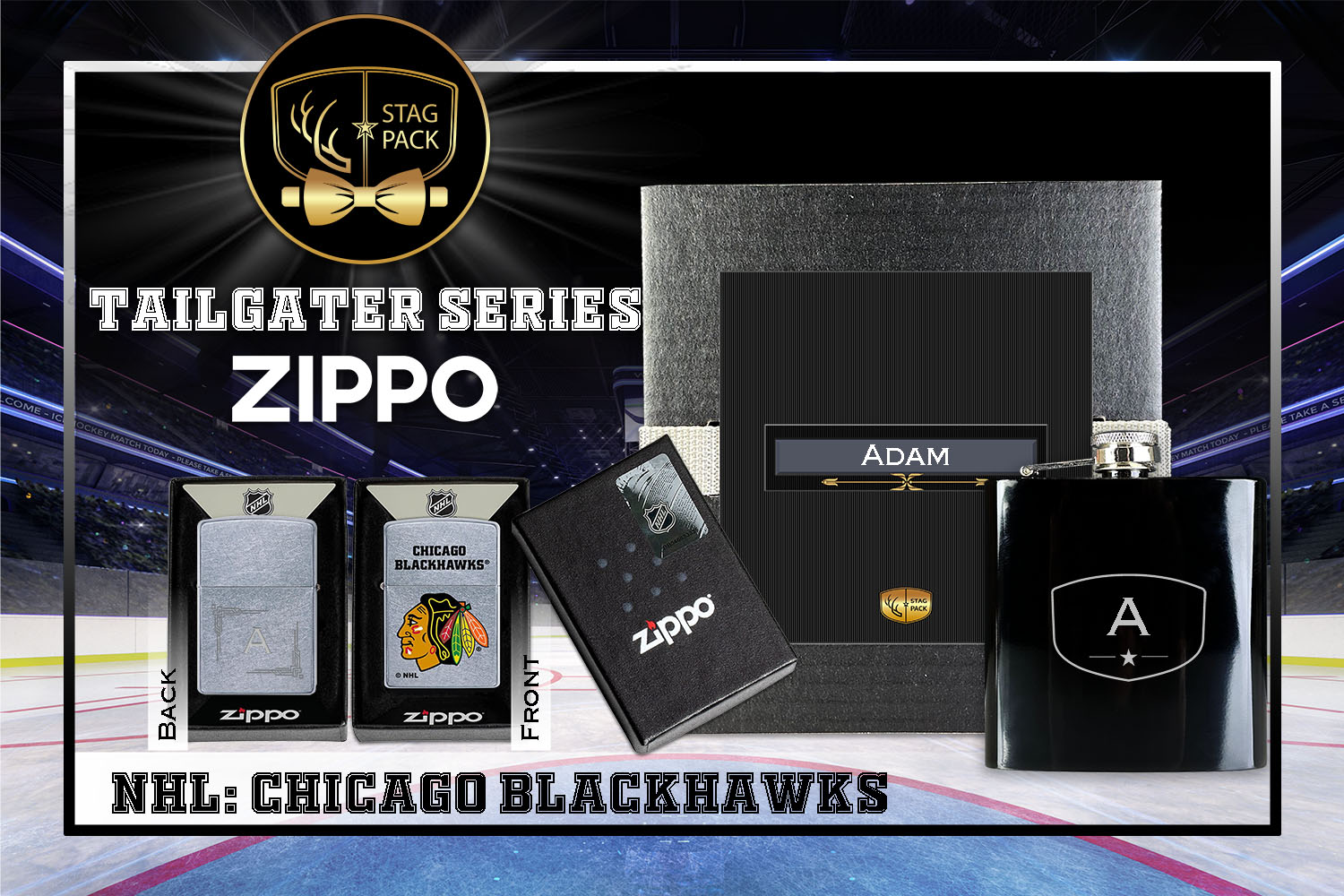 Custom Engraved Groomsmen Gift with Flask & Zippo Windproof Lighter in a Personalized Gift Box.