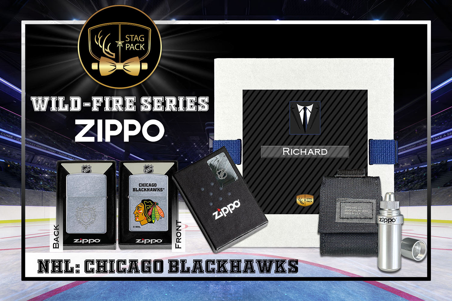 Custom Engraved Groomsmen Gift with NHL Windproof Zippo Lighter, a Fluid Canister and Pouch Gift-Pack in a Personalized Gift Box.