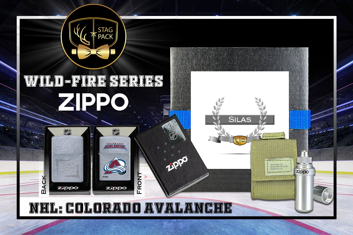 Custom Engraved Groomsmen Gift with NHL Windproof Zippo Lighter, a Fluid Canister and Pouch Gift-Pack in a Personalized Gift Box.
