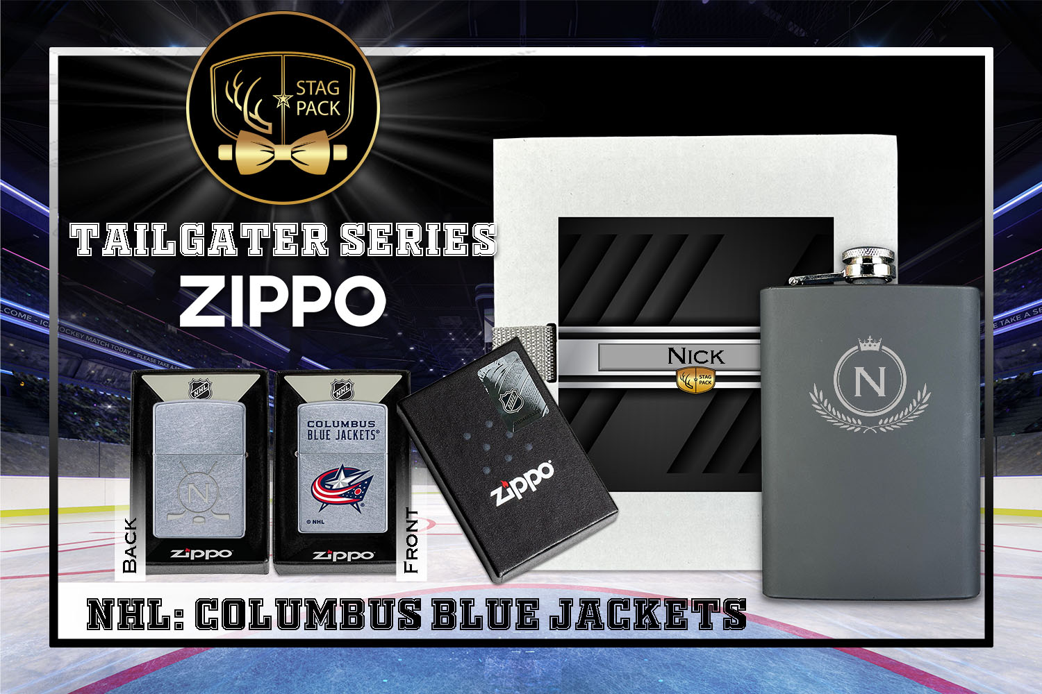 Custom Engraved Groomsmen Gift with Flask & Zippo Windproof Lighter in a Personalized Gift Box.