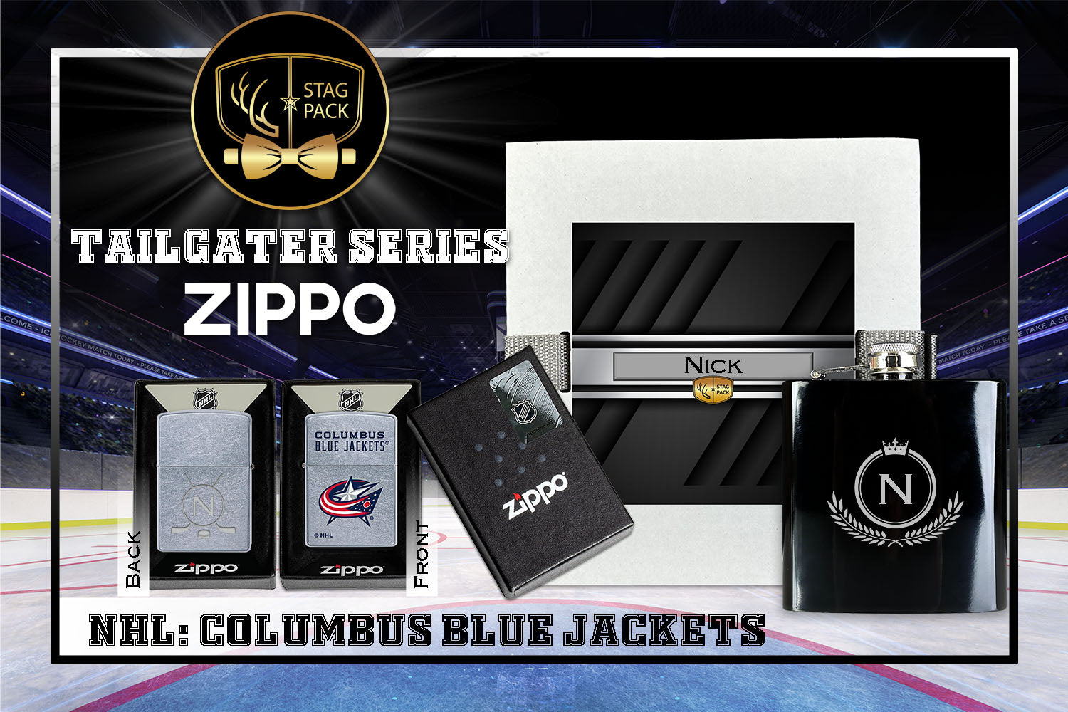 Custom Engraved Groomsmen Gift with Flask & Zippo Windproof Lighter in a Personalized Gift Box.