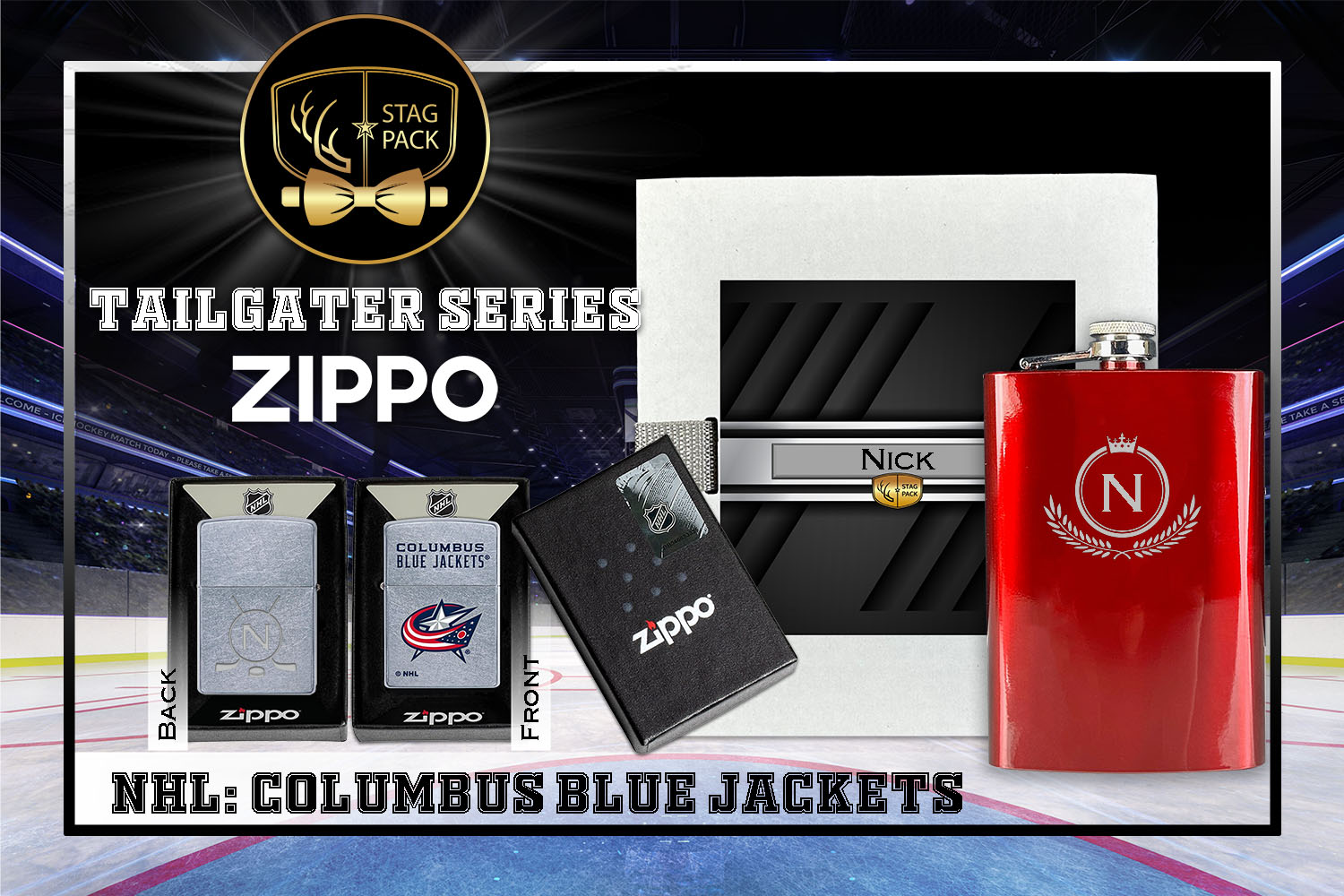 Custom Engraved Groomsmen Gift with Flask & Zippo packaged in a Personalized Gift Box with Message Card.