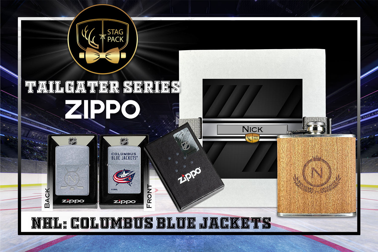 Custom Engraved Groomsmen Gift with Flask & Zippo Windproof Lighter in a Personalized Gift Box.