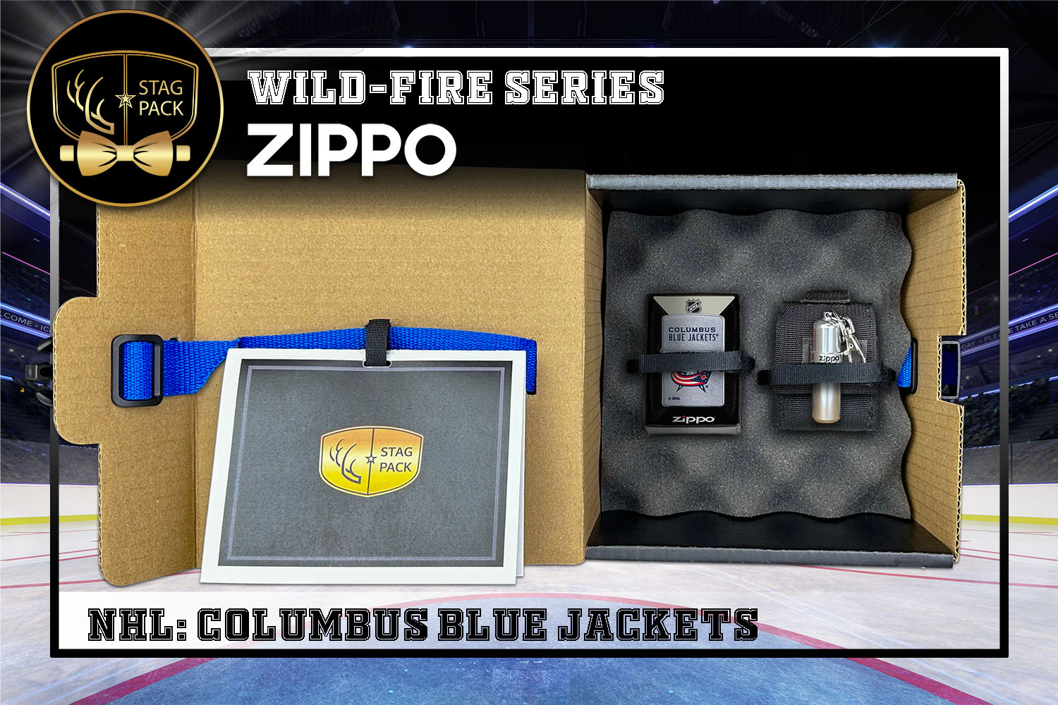 Custom Engraved Groomsmen Gift with NHL Windproof Zippo Lighter, a Fluid Canister and Pouch packaged in a Personalized Gift Box with a Message Card.