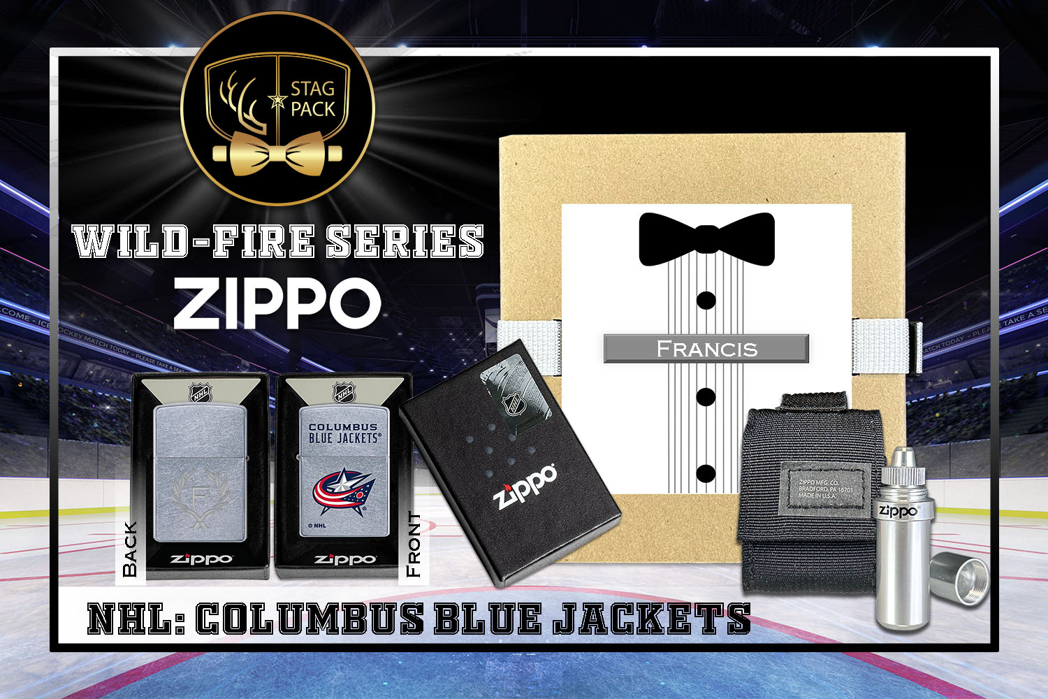 Custom Engraved Groomsmen Gift with NHL Windproof Zippo Lighter, a Fluid Canister and Pouch Gift-Pack in a Personalized Gift Box.