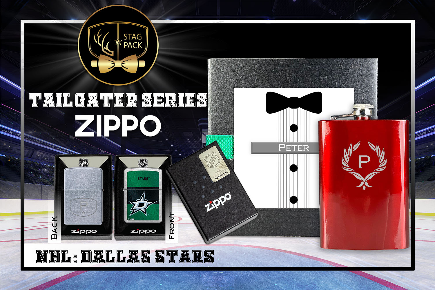 Custom Engraved Groomsmen Gift with Flask & Zippo Windproof Lighter in a Personalized Gift Box.