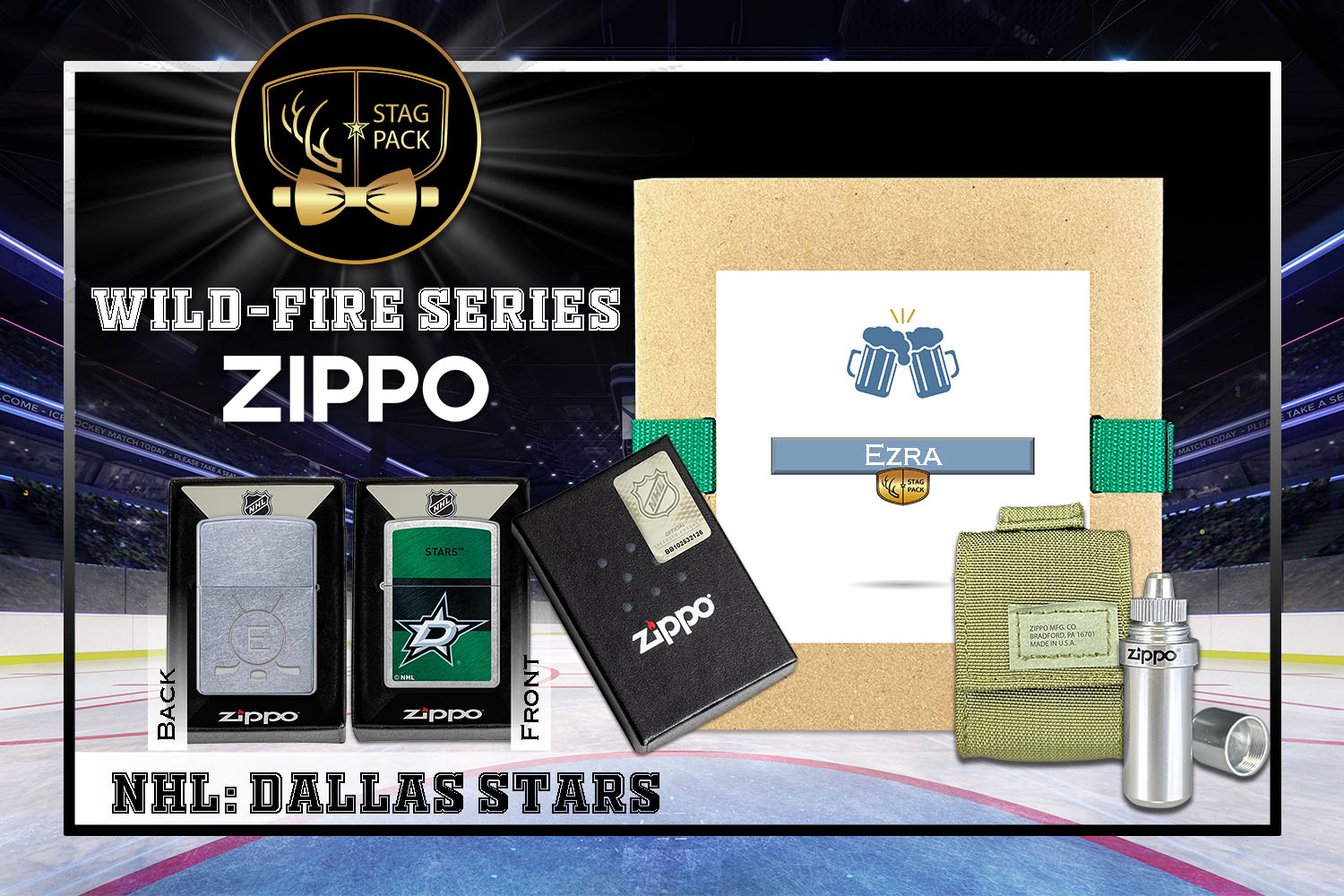 Custom Engraved Groomsmen Gift with NHL Windproof Zippo Lighter, a Fluid Canister and Pouch Gift-Pack in a Personalized Gift Box.