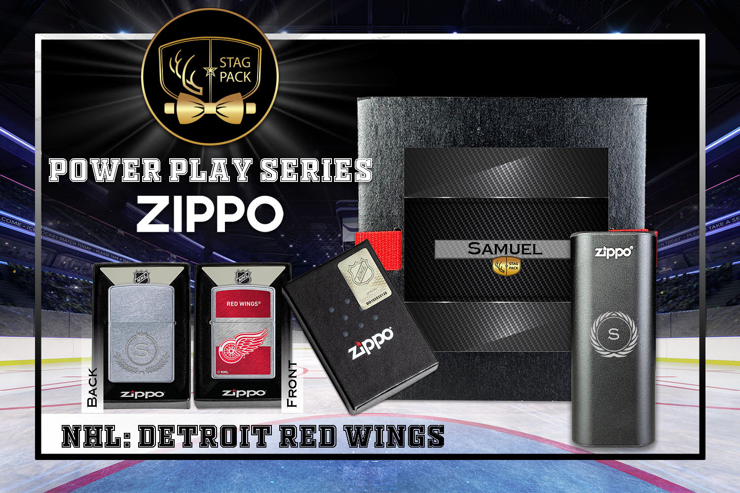 Custom Engraved Groomsmen Gift with NHL Zippo Windproof Lighter & Heatbank in a Personalized Gift Box.