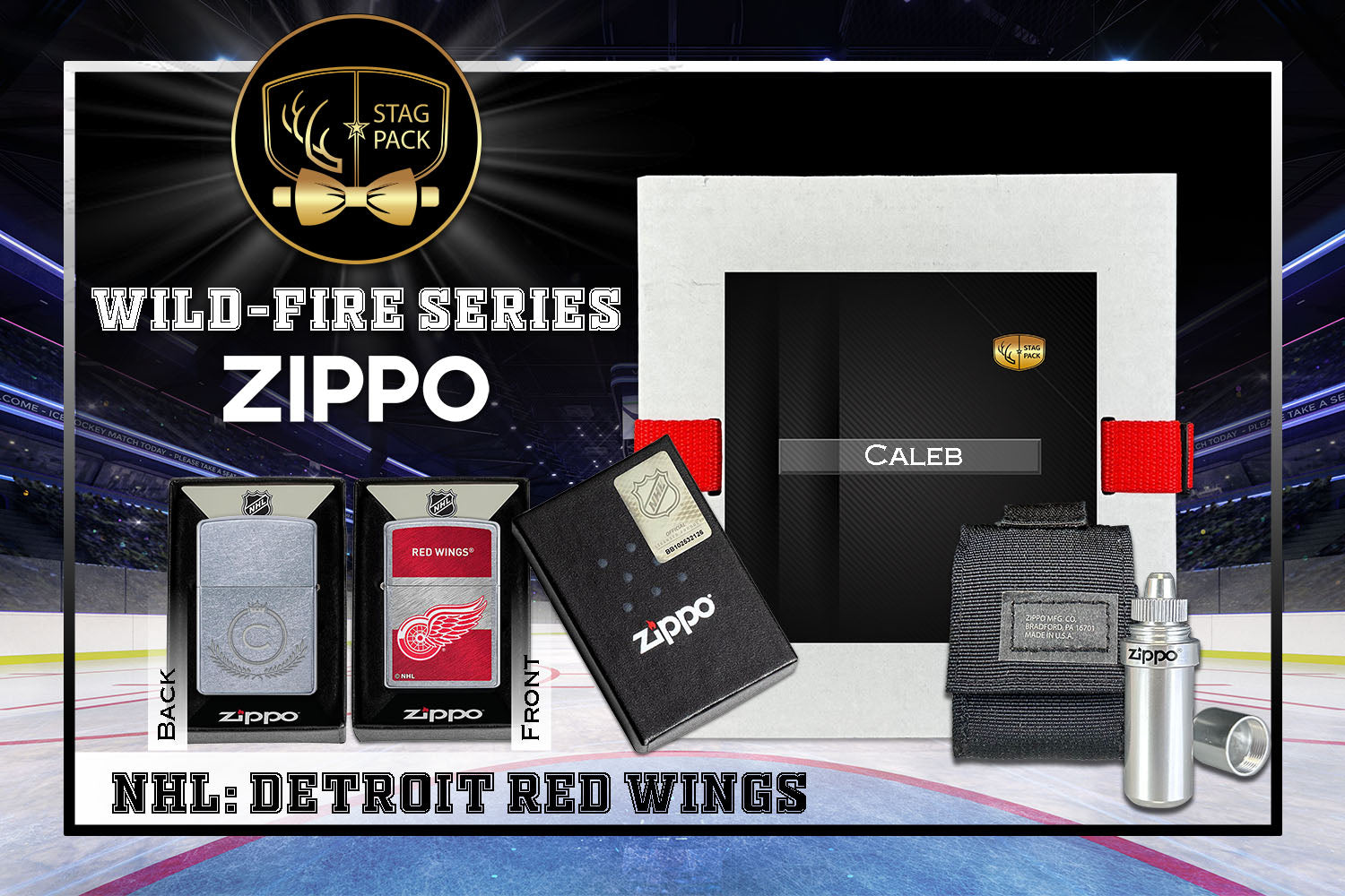 Custom Engraved Groomsmen Gift with NHL Windproof Zippo Lighter, a Fluid Canister and Pouch Gift-Pack in a Personalized Gift Box.