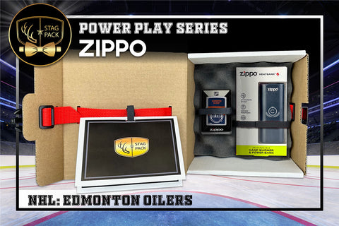 Custom Engraved Groomsmen Gift with NHL Zippo Windproof lighter & Heatbank in a Personalized Gift Box with a Message Card.
