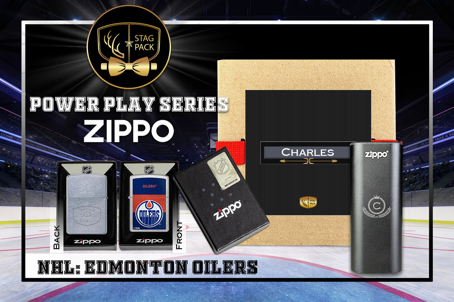 Custom Engraved Groomsmen Gift with NHL Zippo Windproof Lighter & Heatbank in a Personalized Gift Box.