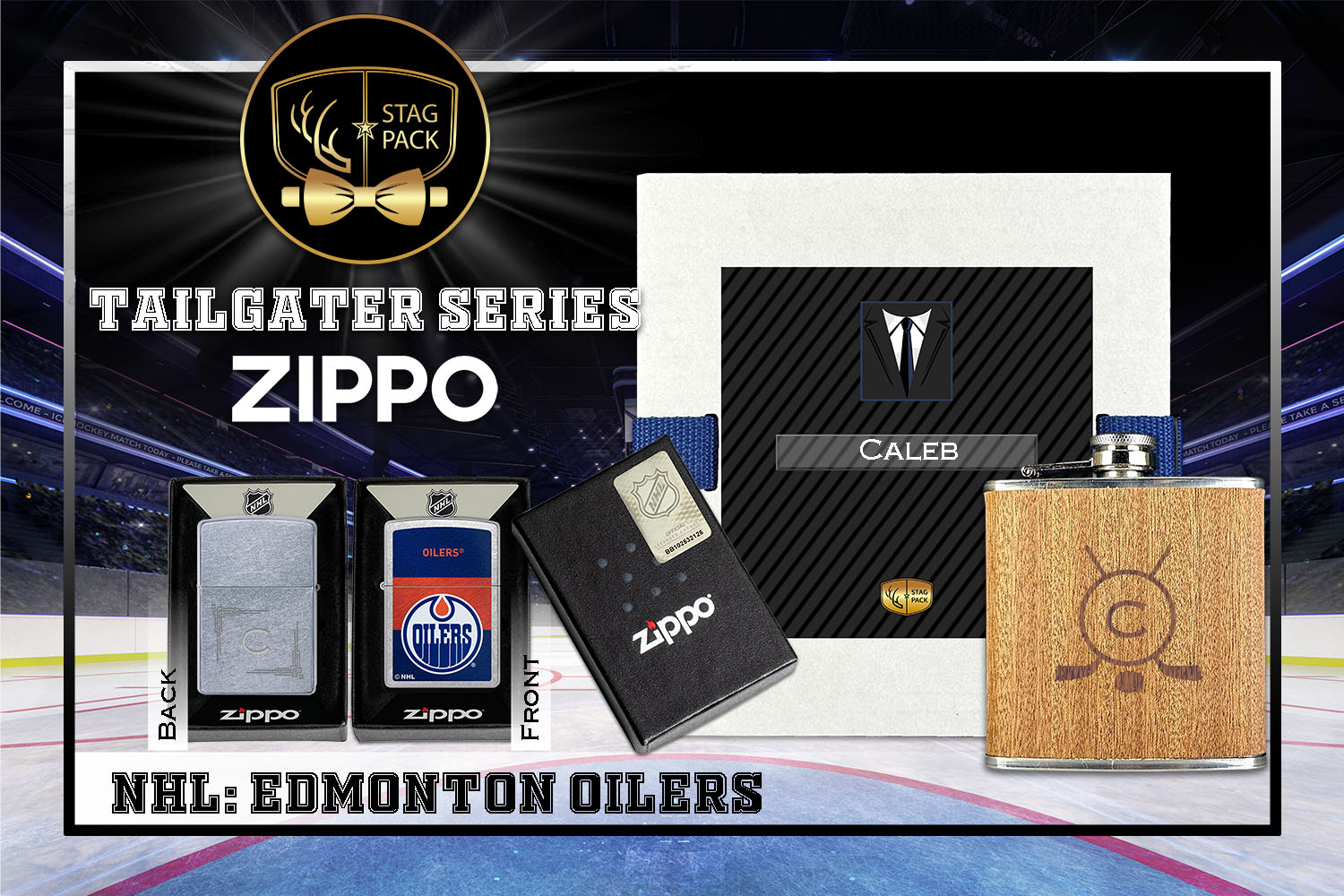 Custom Engraved Groomsmen Gift with Flask & Zippo packaged in a Personalized Gift Box with Message Card.