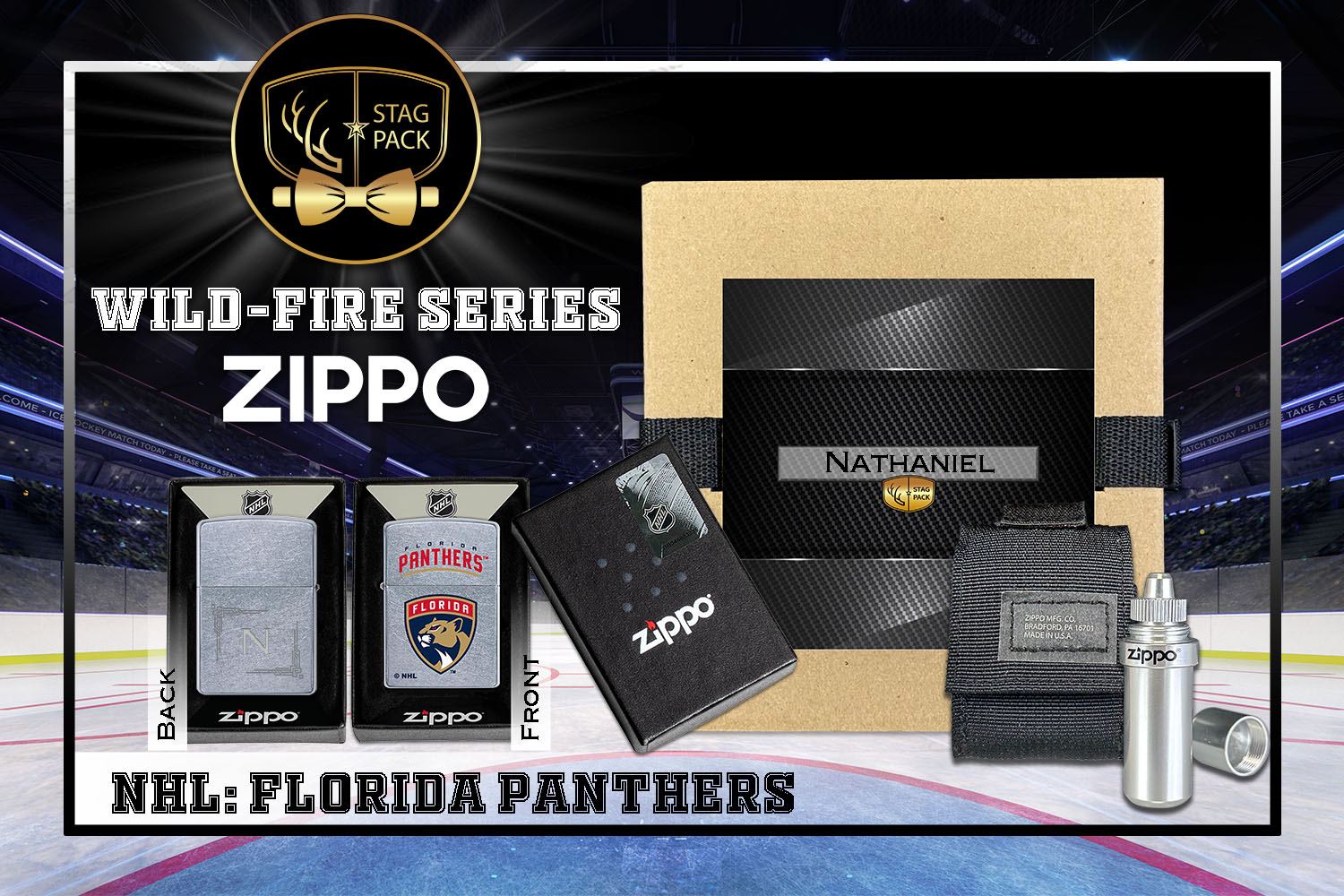 Custom Engraved Groomsmen Gift with NHL Windproof Zippo Lighter, a Fluid Canister and Pouch Gift-Pack in a Personalized Gift Box.