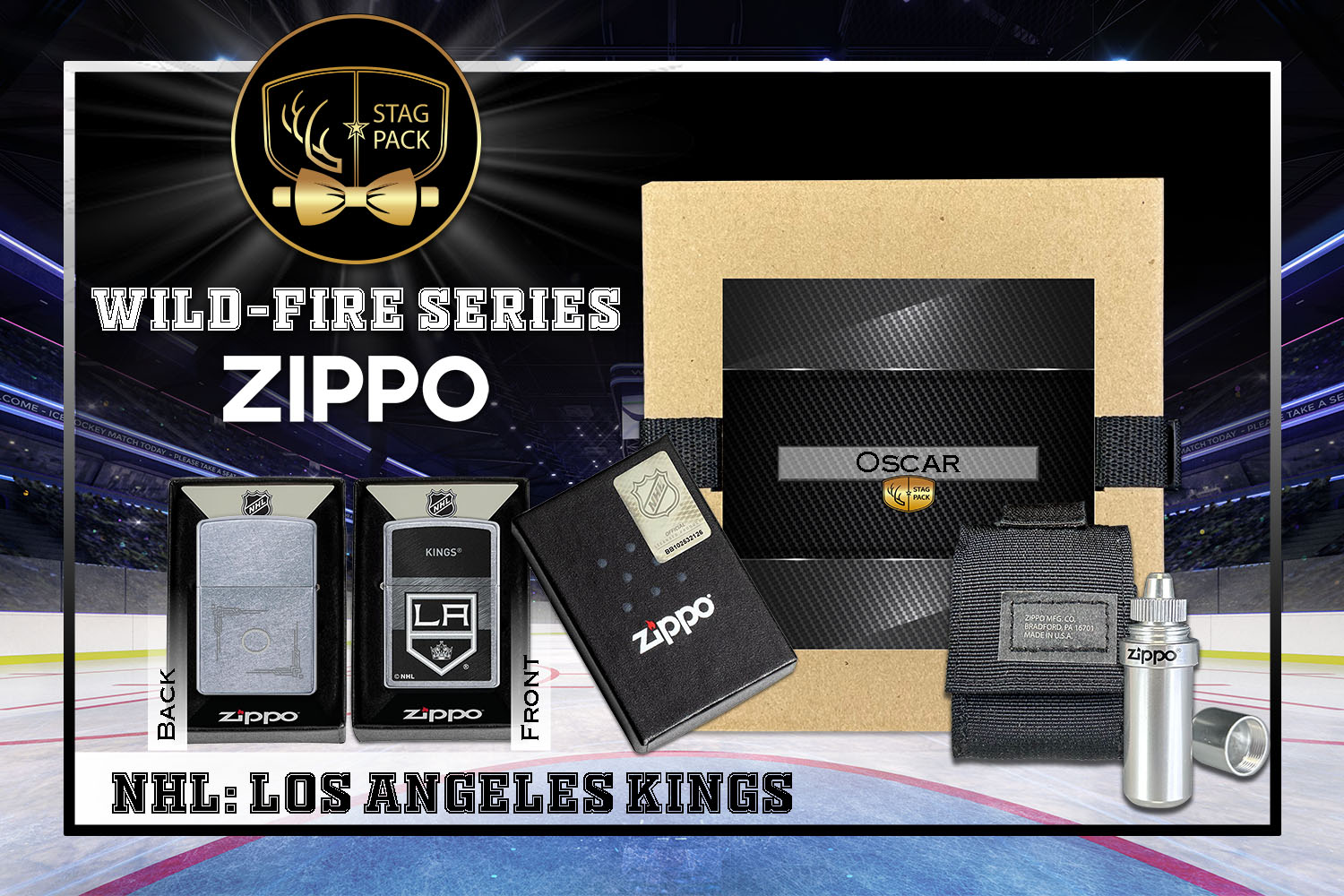 Custom Engraved Groomsmen Gift with NHL Windproof Zippo Lighter, a Fluid Canister and Pouch Gift-Pack in a Personalized Gift Box.