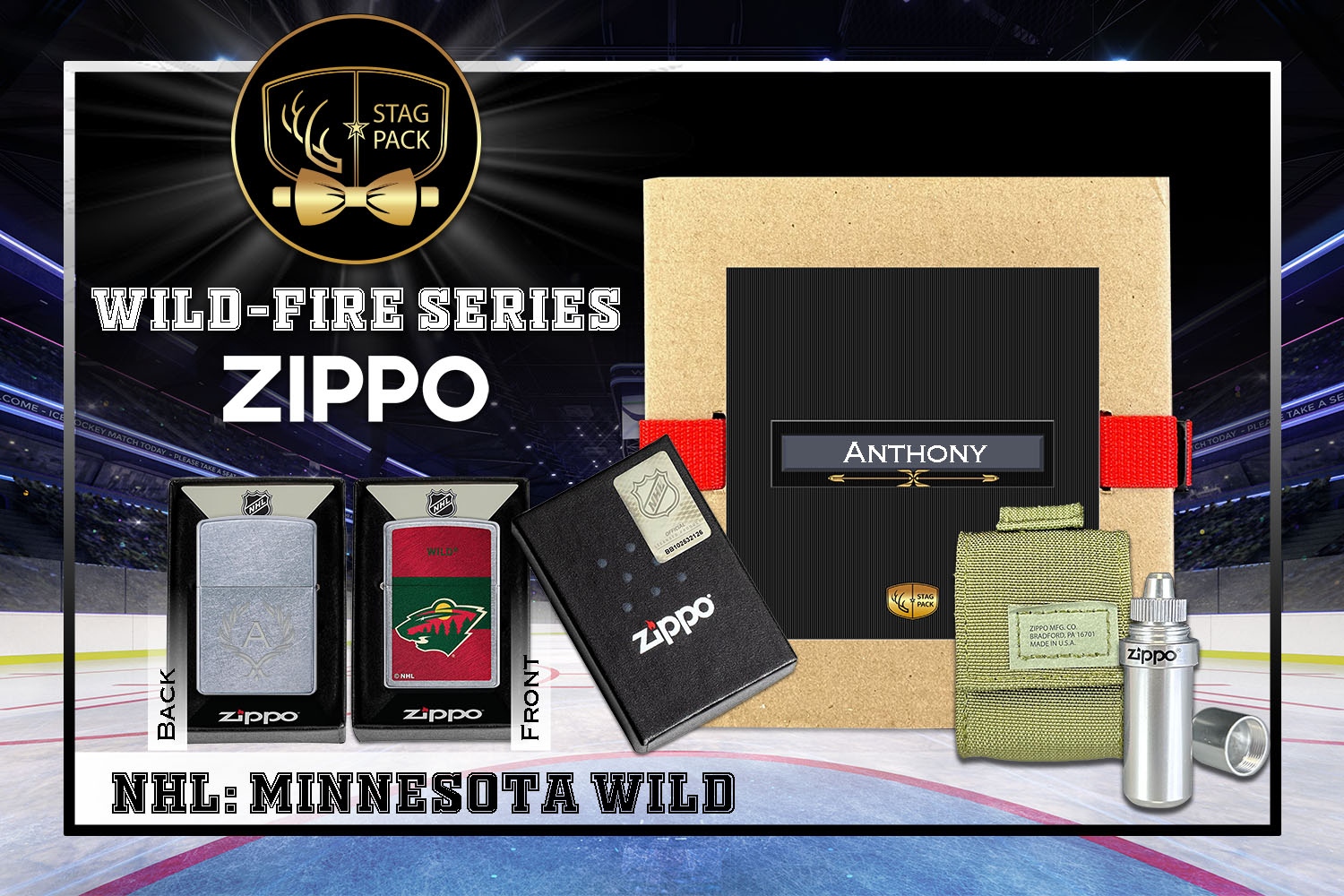 Custom Engraved Groomsmen Gift with NHL Windproof Zippo Lighter, a Fluid Canister and Pouch Gift-Pack in a Personalized Gift Box.