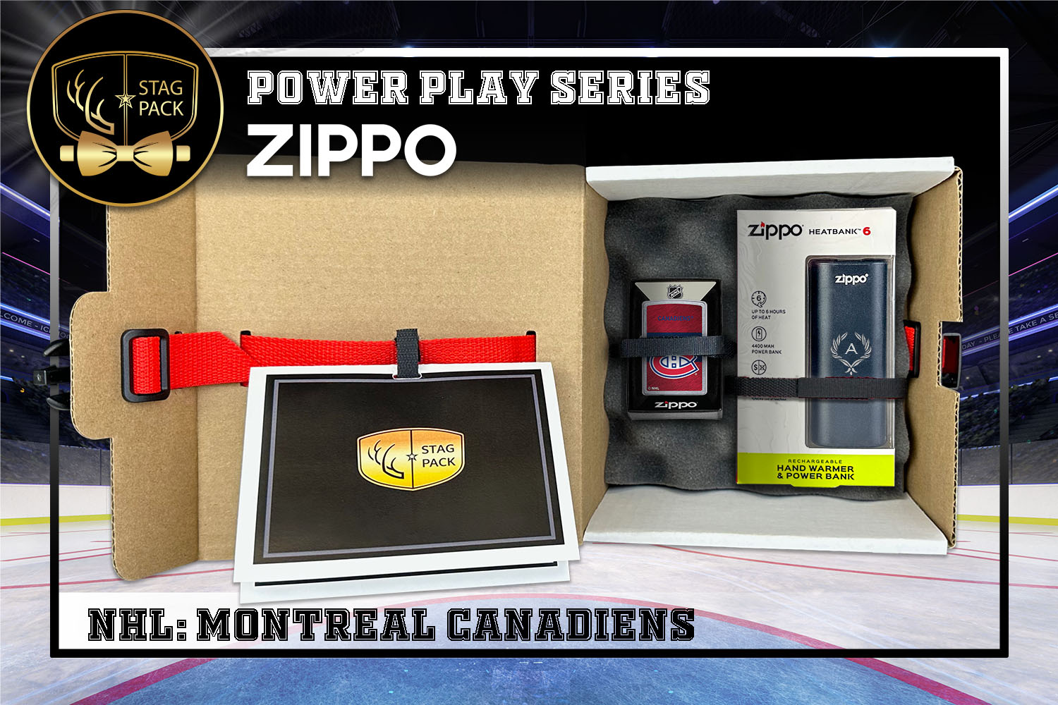 Custom Engraved Groomsmen Gift with NHL Zippo Windproof lighter & Heatbank in a Personalized Gift Box with a Message Card.