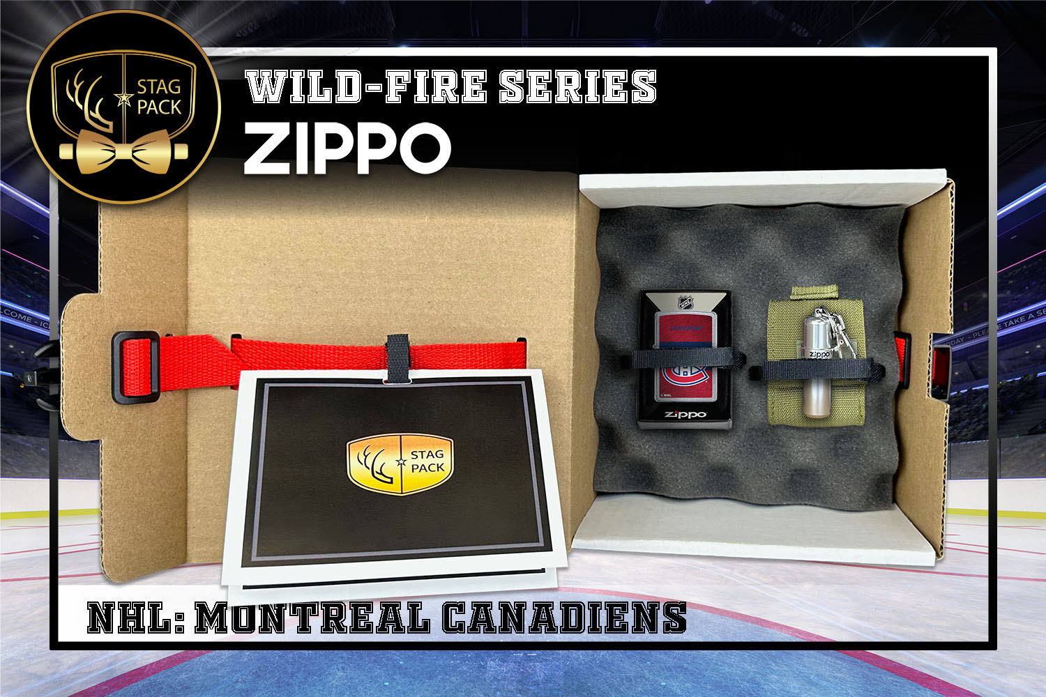 Custom Engraved Groomsmen Gift with NHL Windproof Zippo Lighter, a Fluid Canister and Pouch packaged in a Personalized Gift Box with a Message Card.