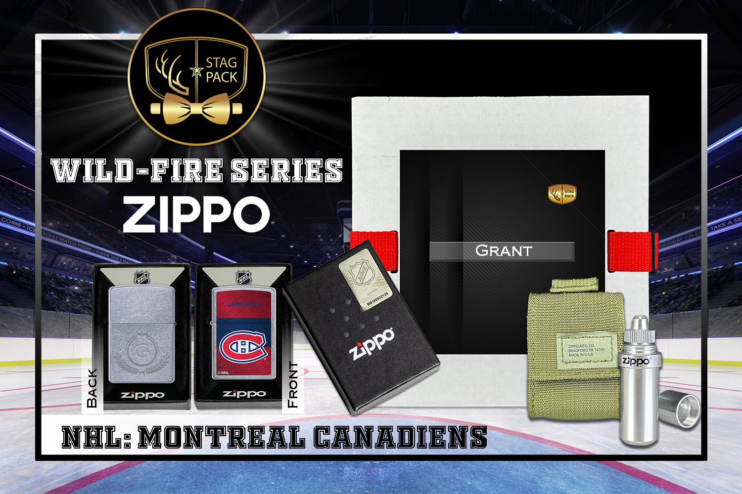 Custom Engraved Groomsmen Gift with NHL Windproof Zippo Lighter, a Fluid Canister and Pouch Gift-Pack in a Personalized Gift Box.