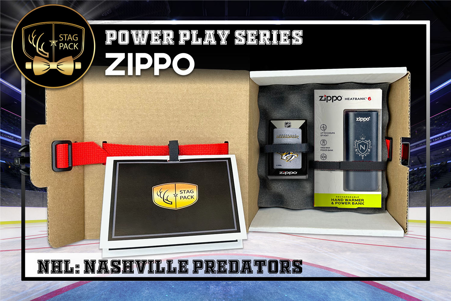 Custom Engraved Groomsmen Gift with NHL Zippo Windproof lighter & Heatbank in a Personalized Gift Box with a Message Card.