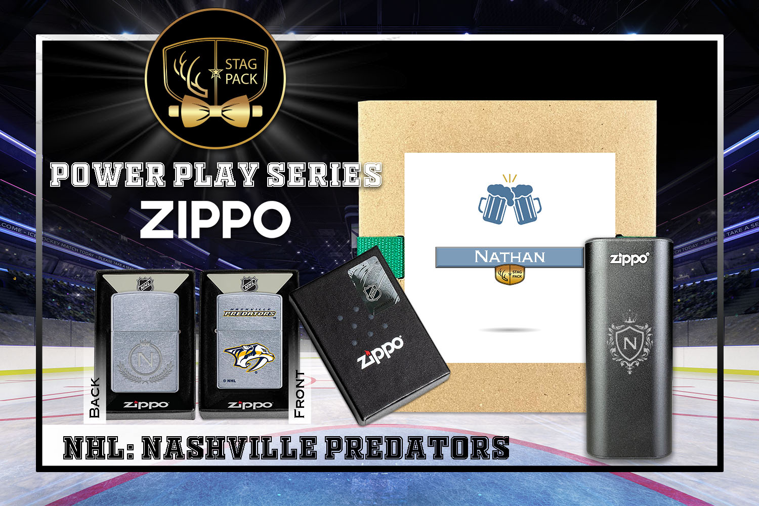 Custom Engraved Groomsmen Gift with NHL Zippo Windproof Lighter & Heatbank in a Personalized Gift Box.