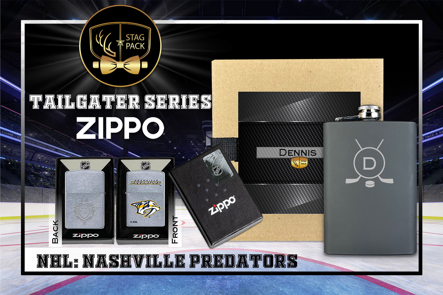 Custom Engraved Groomsmen Gift with Flask & Zippo packaged in a Personalized Gift Box with Message Card.