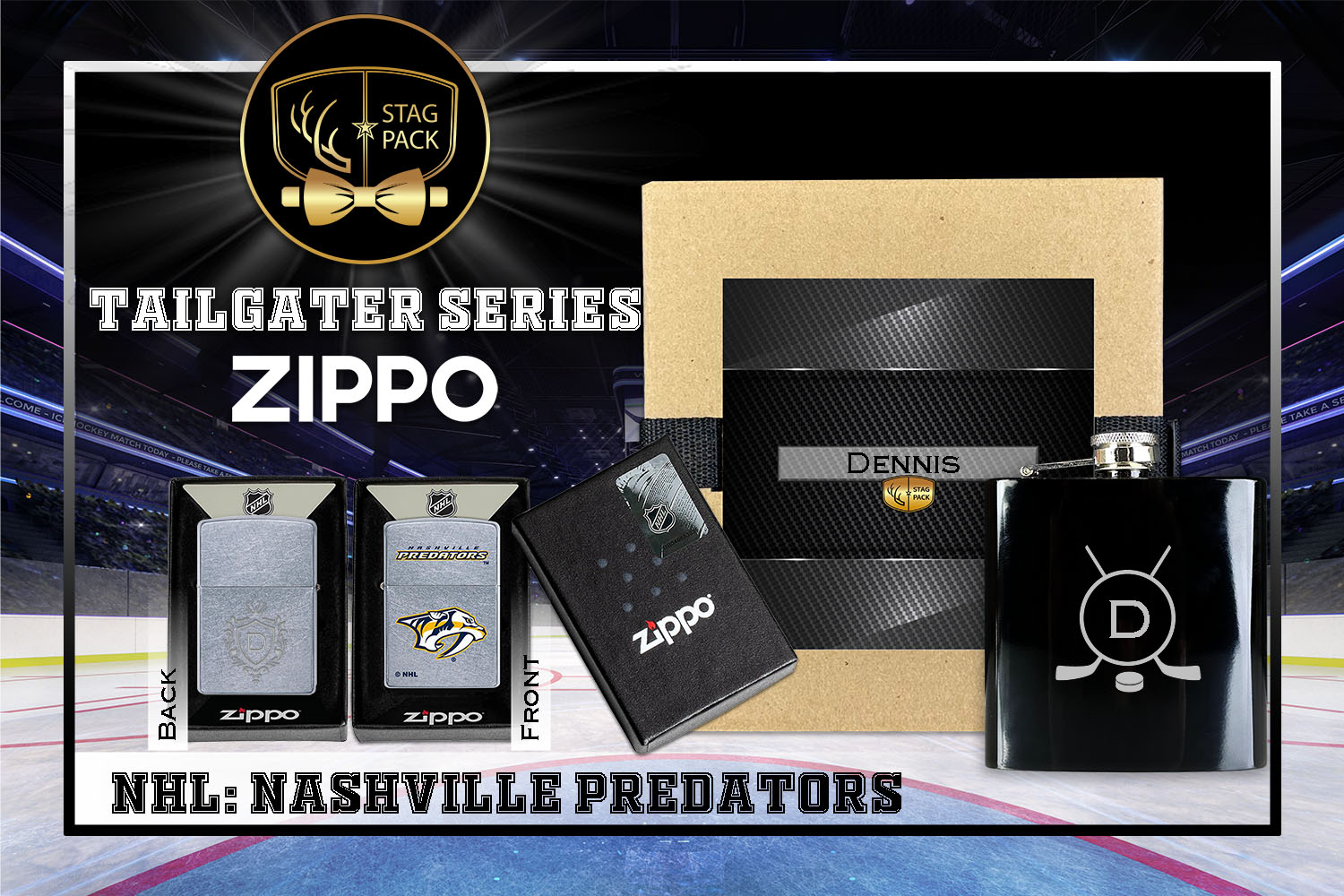 Custom Engraved Groomsmen Gift with Flask & Zippo Windproof Lighter in a Personalized Gift Box.