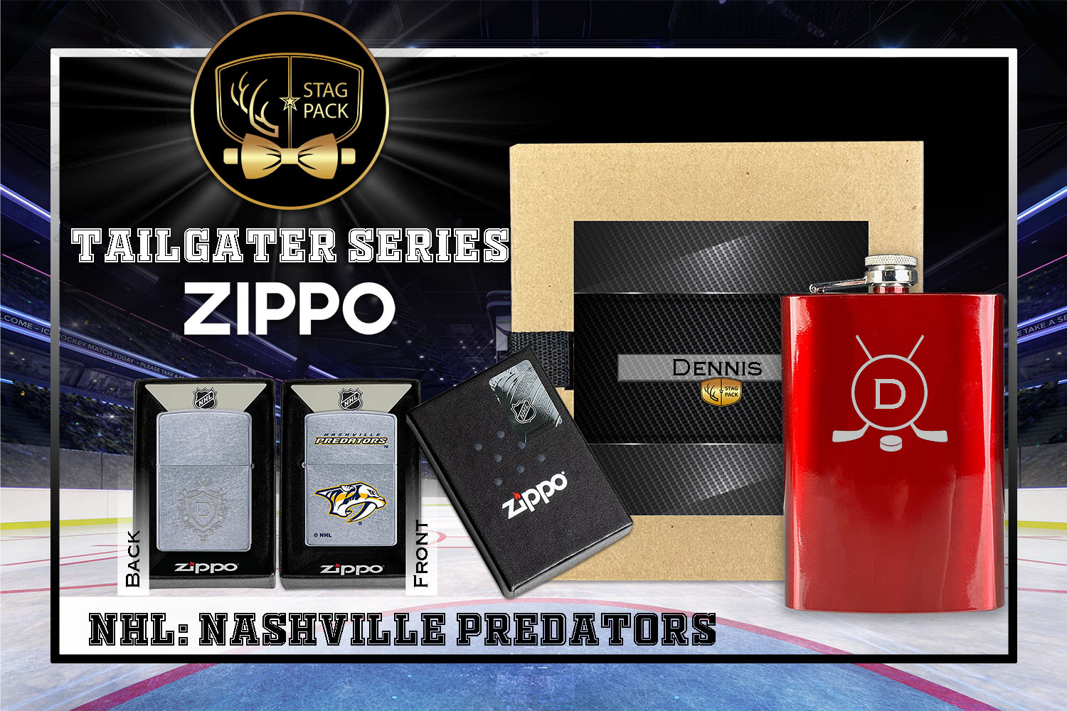 Custom Engraved Groomsmen Gift with Flask & Zippo Windproof Lighter in a Personalized Gift Box.