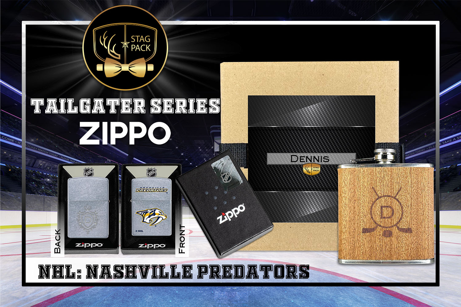 Custom Engraved Groomsmen Gift with Flask & Zippo Windproof Lighter in a Personalized Gift Box.