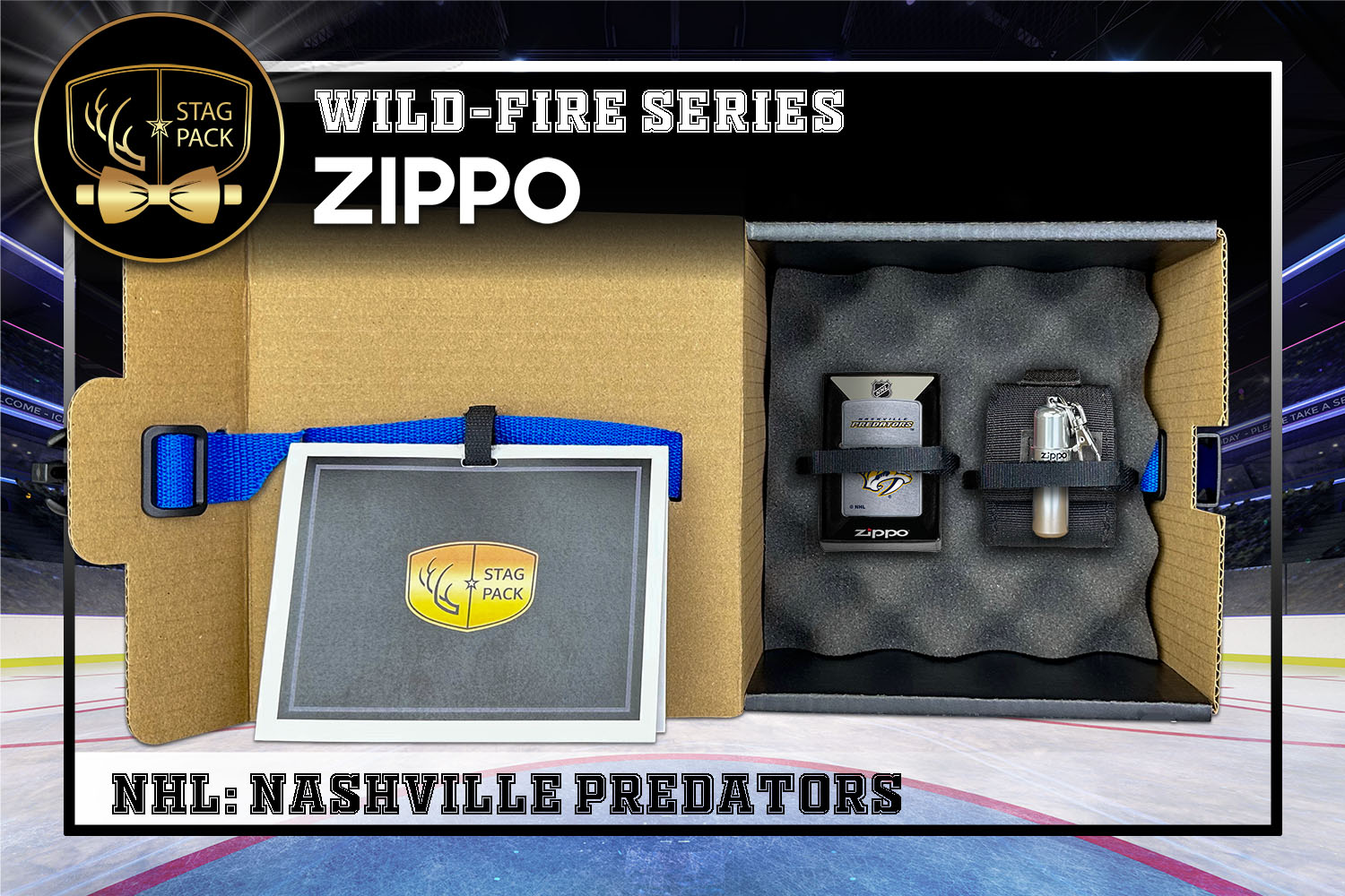 Custom Engraved Groomsmen Gift with NHL Windproof Zippo Lighter, a Fluid Canister and Pouch packaged in a Personalized Gift Box with a Message Card.