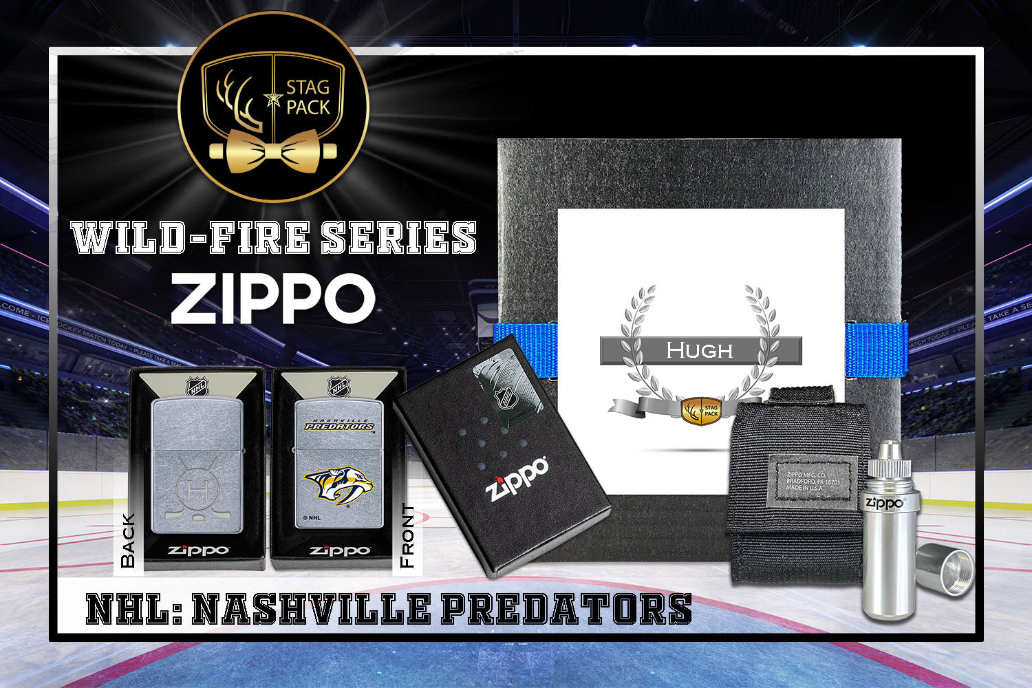 Custom Engraved Groomsmen Gift with NHL Windproof Zippo Lighter, a Fluid Canister and Pouch Gift-Pack in a Personalized Gift Box.