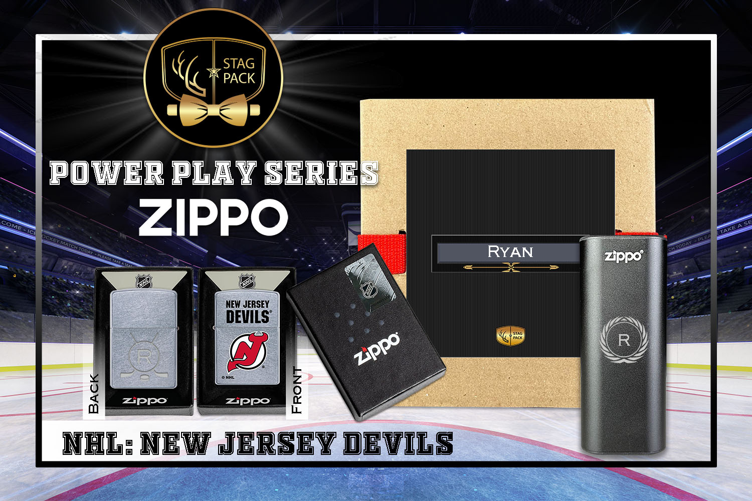 Custom Engraved Groomsmen Gift with NHL Zippo Windproof Lighter & Heatbank in a Personalized Gift Box.