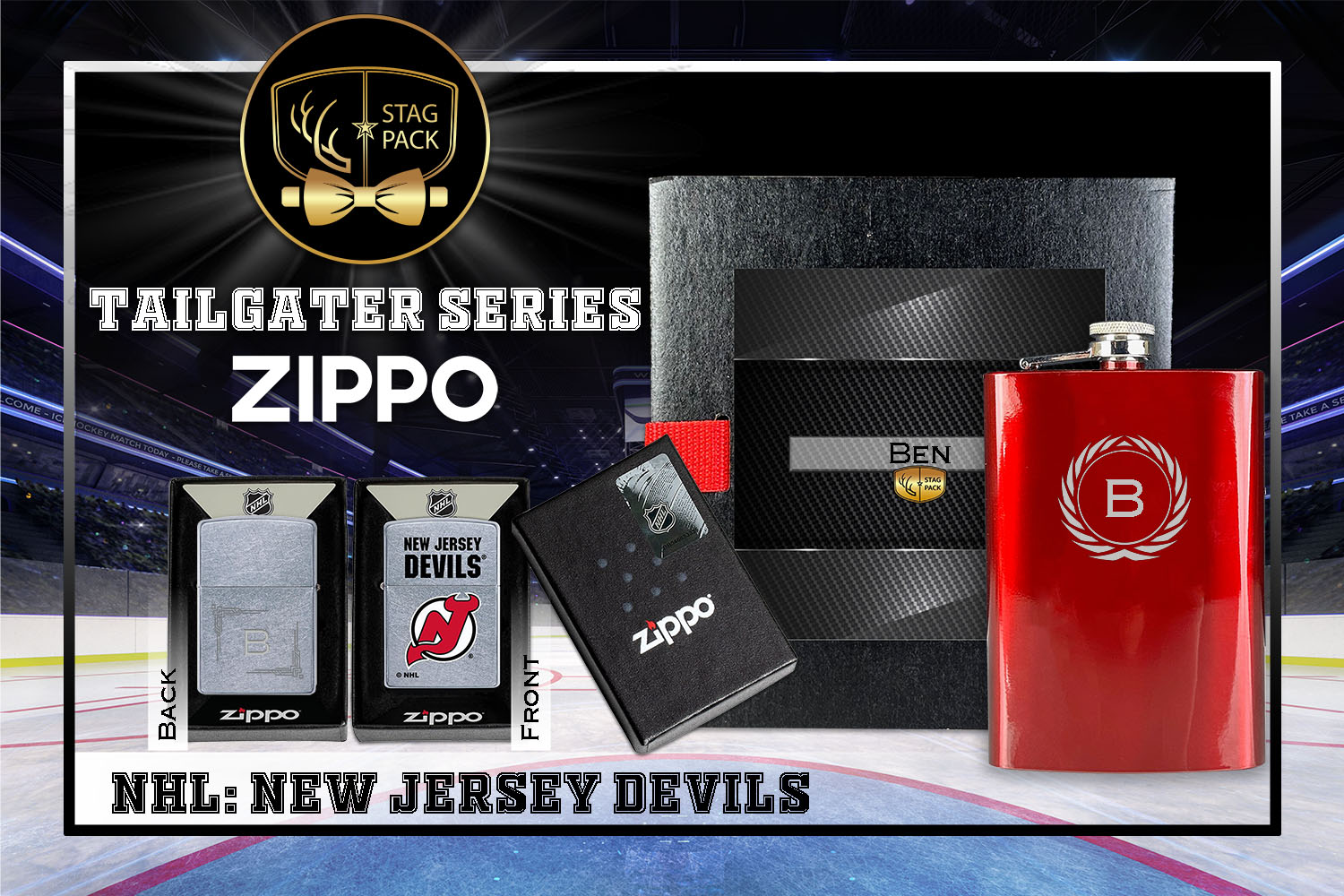 Custom Engraved Groomsmen Gift with Flask & Zippo packaged in a Personalized Gift Box with Message Card.