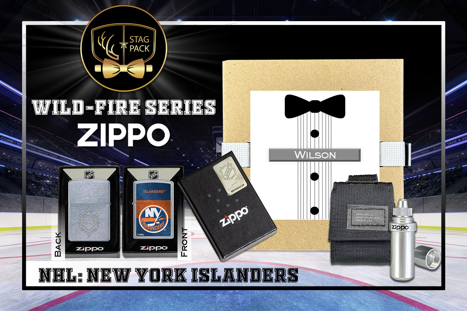 Custom Engraved Groomsmen Gift with NHL Windproof Zippo Lighter, a Fluid Canister and Pouch Gift-Pack in a Personalized Gift Box.