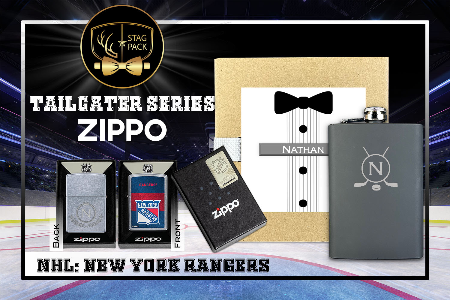 Custom Engraved Groomsmen Gift with Flask & Zippo Windproof Lighter in a Personalized Gift Box.