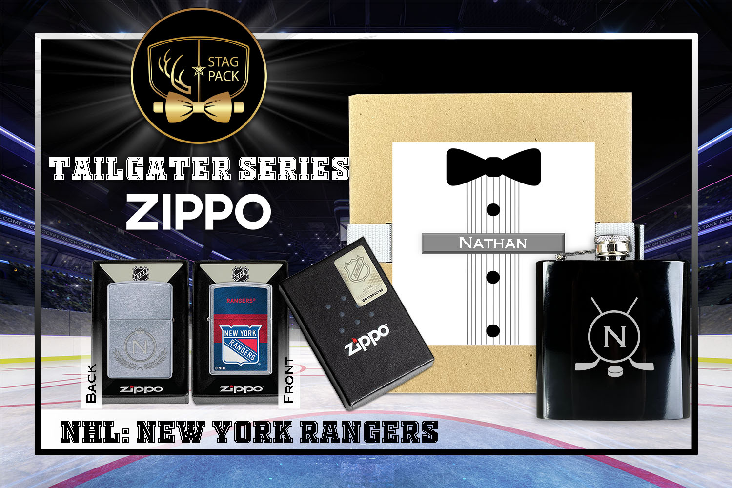 Custom Engraved Groomsmen Gift with Flask & Zippo packaged in a Personalized Gift Box with Message Card.