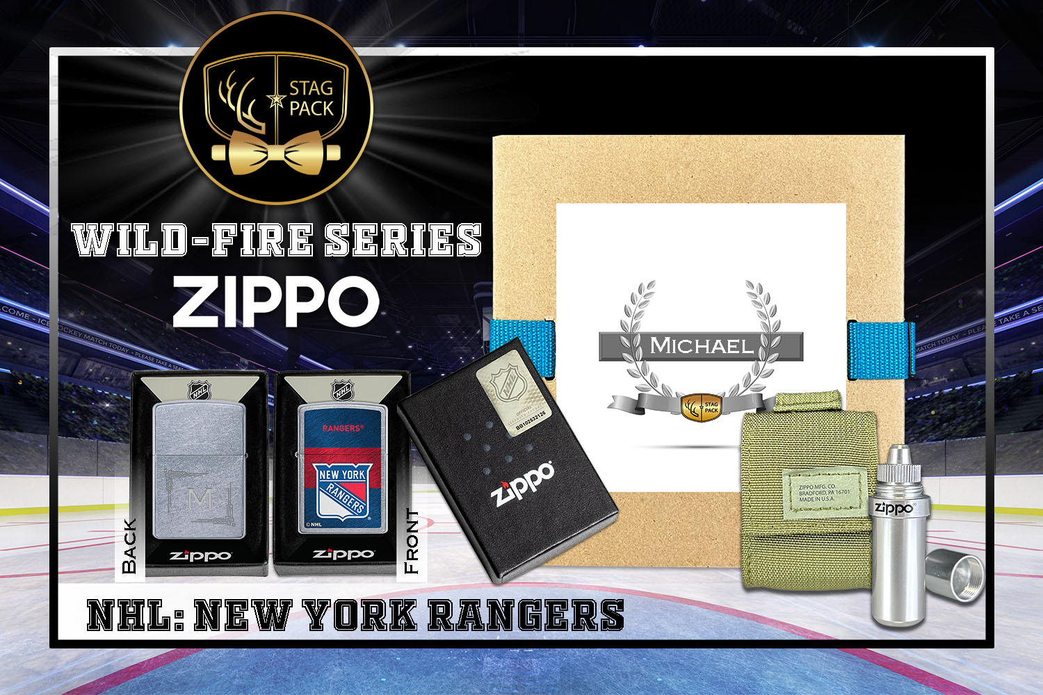 Custom Engraved Groomsmen Gift with NHL Windproof Zippo Lighter, a Fluid Canister and Pouch Gift-Pack in a Personalized Gift Box.