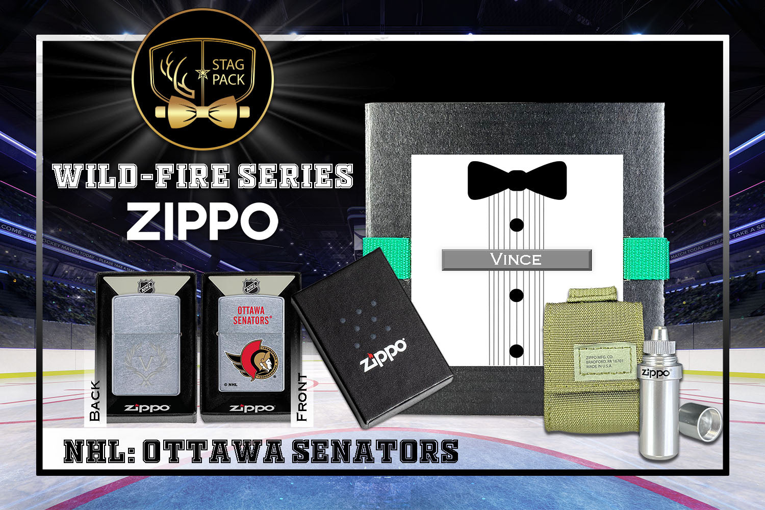 Custom Engraved Groomsmen Gift with NHL Windproof Zippo Lighter, a Fluid Canister and Pouch Gift-Pack in a Personalized Gift Box.